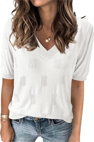 Trendimax Knitted blouse, Short sleeve, V-neck, Casual, Spring-Summer, White,...