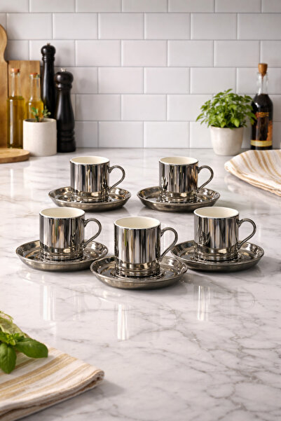 isra kristal Modern Silver Porcelain Turkish Coffee Cup Set - 6-Piece Silver Cup