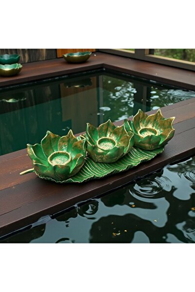 Peramari Dekoratif Polyester Lotus Tabaklı Üçlü Mumluk Yeşil Gold Eskitme