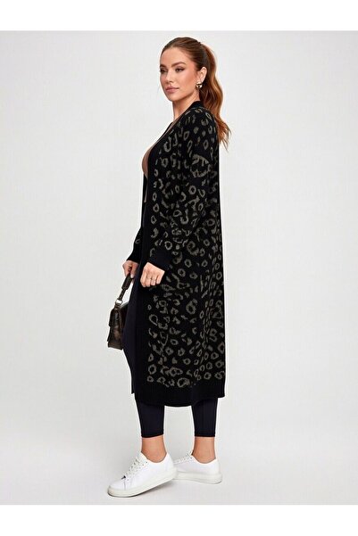 CAPTURE Kadın Gold Leopar Desenli Kalın Midi Hırka