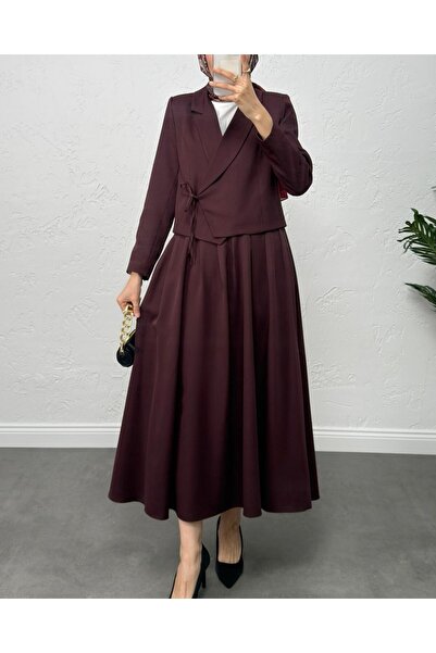 Modamorfo Tie-Front Skirt and Jacket Double Set -Plum