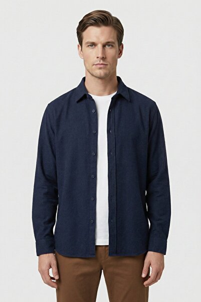 Sabri Özel Lacivert Regular Fit Pamuklu Uzun Kollu Düz Oduncu Gömlek