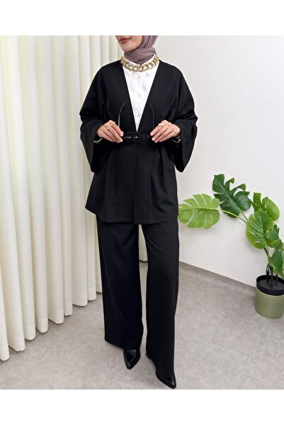 Modamorfo Kimono Set with Belted Trousers -Black