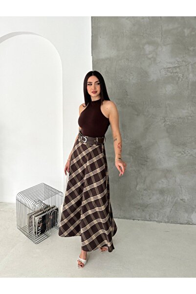 MİSPİER Ekose Desenli kemerli Uzun Etek