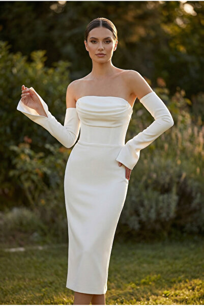 berissima bride Straplez Nikah Elbisesi, Yırtmaç Portatif Kol, Kırık Beyaz, Y...