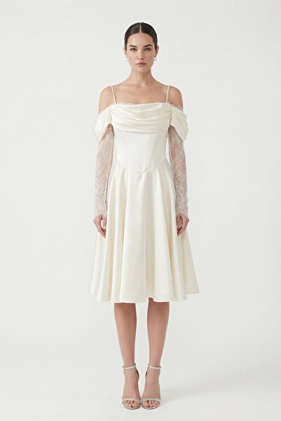 Lafaba Γυναικείο Λευκό Εφαρμοστό Φόρεμα με Δαντέλα και Λεπτομέρειες, Μίντι, γ...