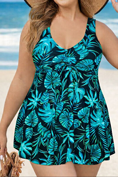 OEM Women's one-piece swimsuit with skirt, black with leaves 2XL