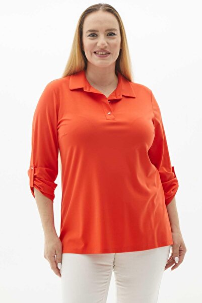 Genel Markalar Büyük Beden Önü Düğmeli Şömiziye Yaka Penye Bluz / MERCAN