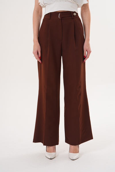 THE WOOW Women's High Waist Belted Buckle Detailed Pleated Palazzo Brown Trou...