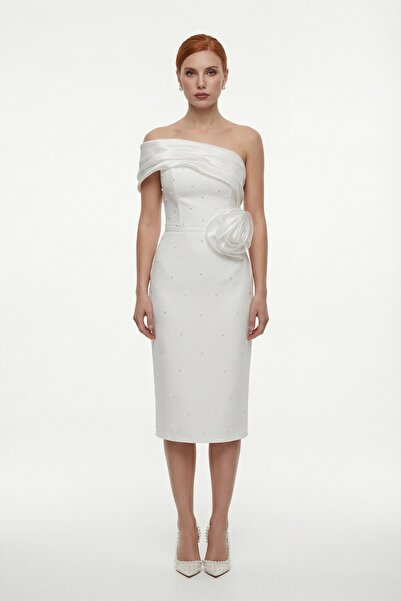 Lafaba Women's White Boat Neck Pearl Promise Engagement Wedding Evening Dress