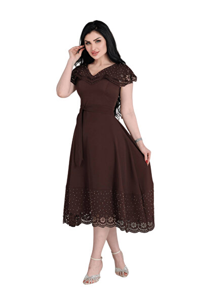Nice Model Brown Lace Midi Dress with V-Neck Laser Cut Details & Waist Tie fo...