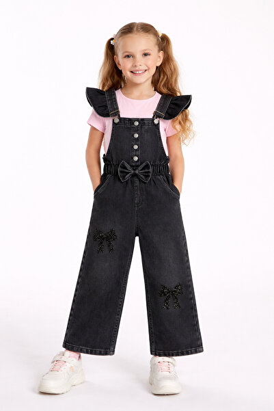 LITTLE&CO Kız Çocuk 5-15 Yaş Fiyonk Detaylı Kot Salopet Tulum – Rahat Jean Tulum
