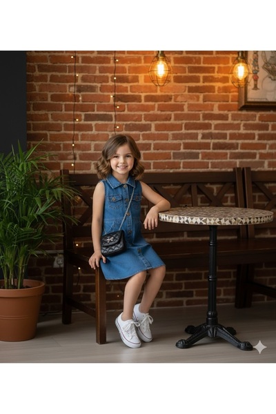 ÖRZİ Kids Seasonal Original Denim Collar Baggy Sleeveless Full Button Dress