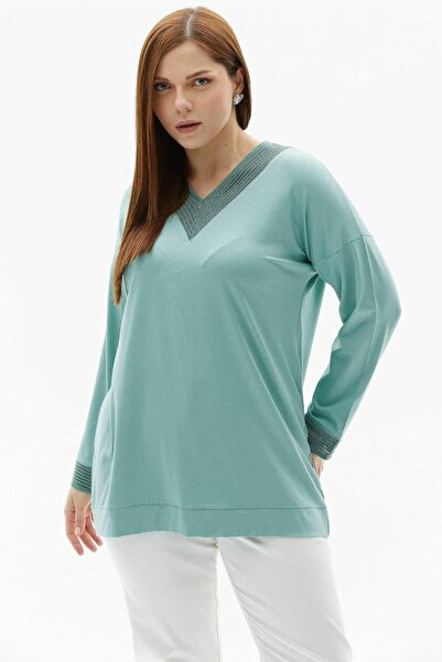 Genel Markalar Büyük Beden Simli Ribanalı Uzun Kol Penye Bluz / YEŞİL