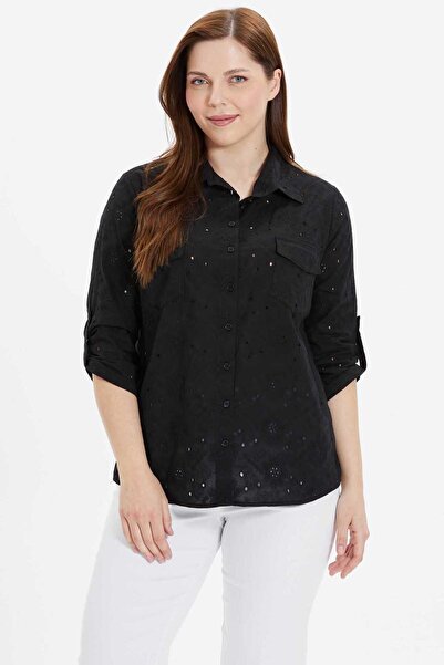 Selen Büyük Beden Kapak Cep Brode Bluz / SİYAH