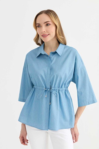 Selen Şömizye Yaka Beli Büzgülü Düşük Kol Bluz / A.MAVİ