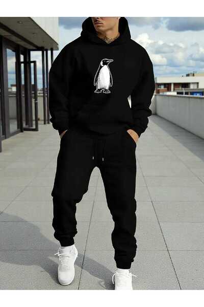 tkn your style Men's Alt Top Set Lone Penguen Print Design Hooded Sweatshirt