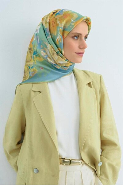 Armine Sura Pure Silk Scarf 9520 - 53 Turquoise Yellow Floral Pattern