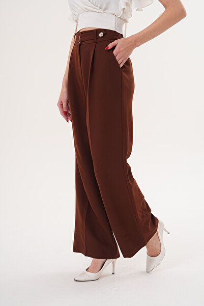 THE WOOW Women's High Waist Belted Buckle Detailed Pleated Palazzo Brown Trou...