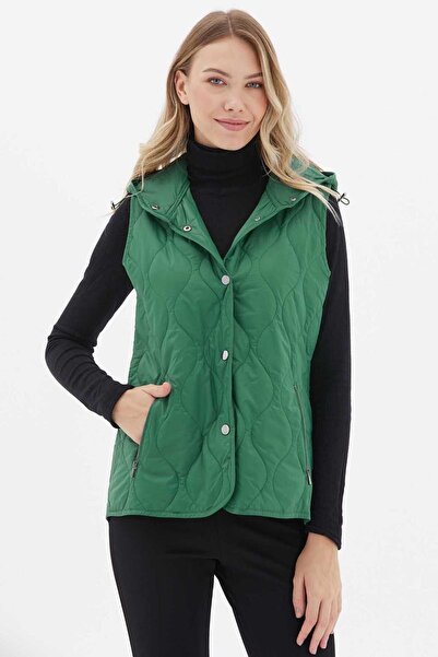 Selen Dik Yaka Kapüşonlu Çıtçıtlı Kapitone Yelek / YEŞİL