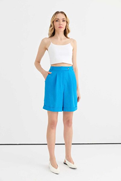 Selen Duble Paça Beli Lastikli Şort / MAVİ