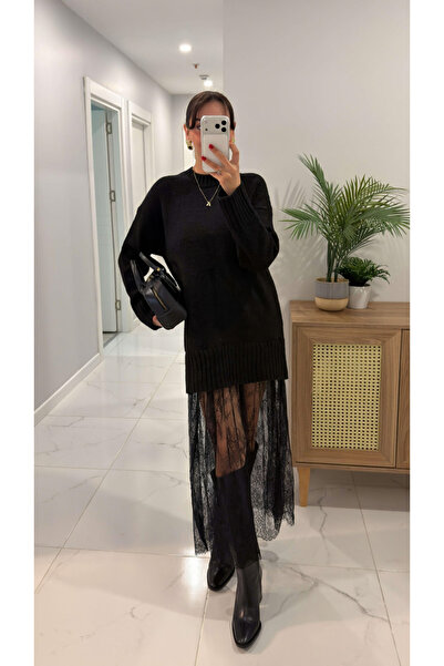 My Blog Siyah Etek Ucu Tül Detaylı Triko Elbise - 251009