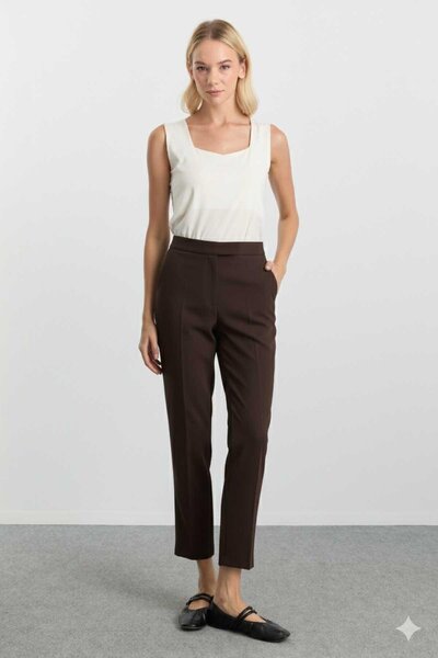 Selen Yanı Lastikli Yan Cep Boru Paça Pantolon / KAHVE