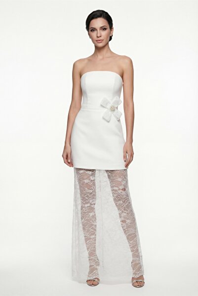 Lafaba Women's White Lace Detailed Wedding after Party Evening Dress