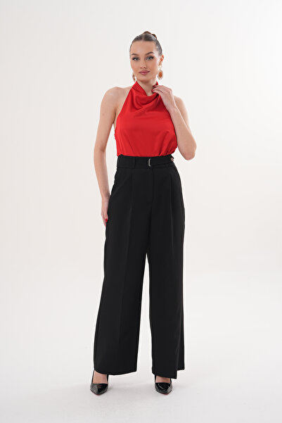 THE WOOW Women's High Waist Belted Buckle Detailed Pleated Palazzo Black Trou...