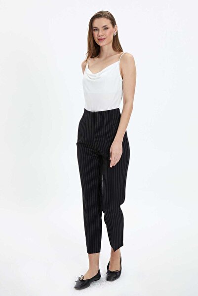 Selen Çift Pensli Çizgili Boru Paça Pantolon / SİYAH
