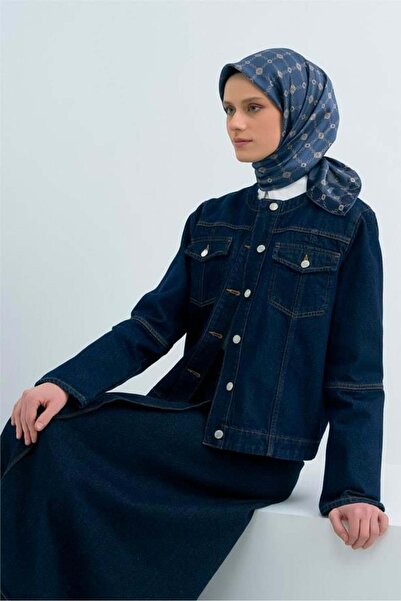 Armine Sura Pure Silk Scarf 9530 - 53 Navy Blue Gray Logo Pattern