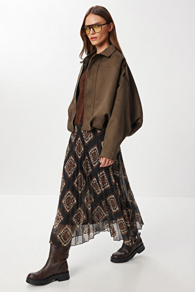 Lovelyİstanbul Patterned Pleated Asymmetrical Chiffon Midi Skirt Lmc0082 Black