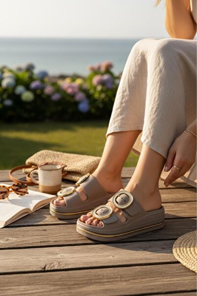 MİNAHOBİ Papuci de damă negri cu cataramă rotundă și platformă - Talpă cu det...