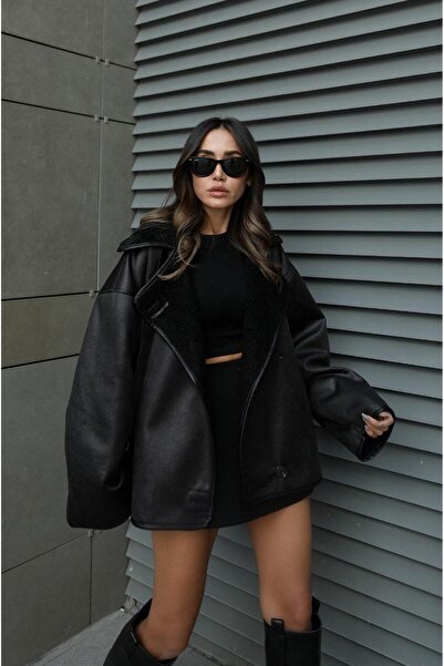 gm giyimarket Women's Zr Model Suede Leather Oversized Coat Jacket with Plush...