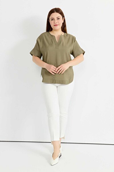 Selen Büyük Beden V Yaka Düşük Kol Etek Ucu Oval Bluz / HAKİ