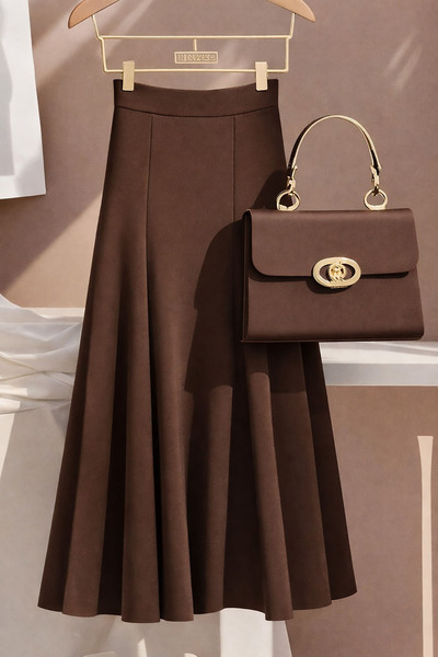 Deafox Fusta lungă maro, cu talie înaltă, croială în A, cu fermoar, din țesăt...