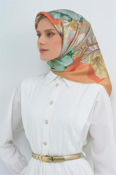 Armine Sura Pure Silk Scarf 9529 - 85 Orange Green Floral Pattern