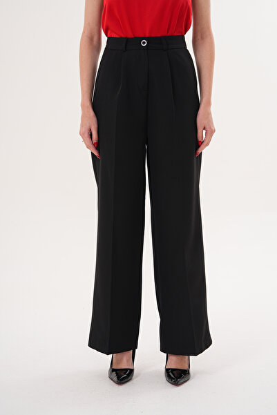 THE WOOW Women's High Waist Fabric Buttoned Pleated Palazzo Black Trousers