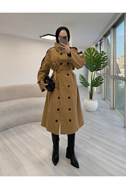 solena sln Trench coat de damă, camel, cu nasturi, cu guler înalt