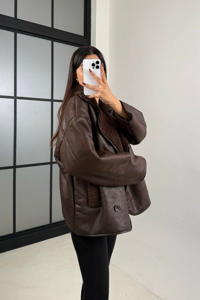 gm giyimarket Women's Zr Model Suede Leather Oversized Coat Jacket with Plush Inside