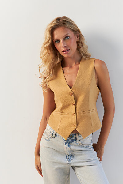 NEW JOURNAL Kadın Camel Astarlı Keten Yelek TW60046-1