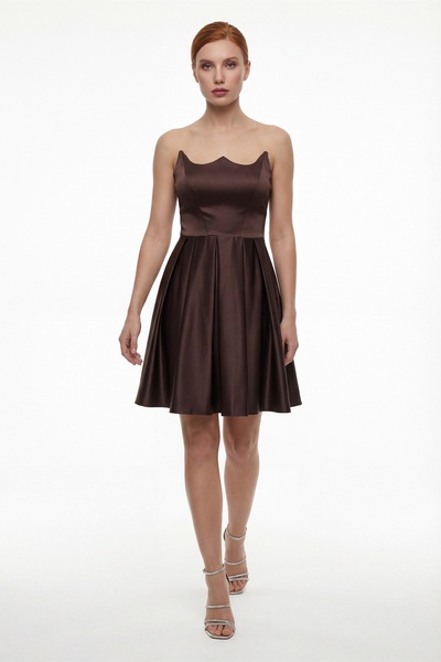 Lafaba Women's Brown Slim Fit Strapless Neckline Satin Mini Homecoming Evenin...