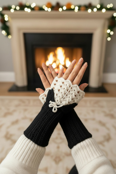 pulur.co قفازات مصنوعة يدويًا من الكروشيه بتفاصيل شريطية سوداء على الطراز الف...