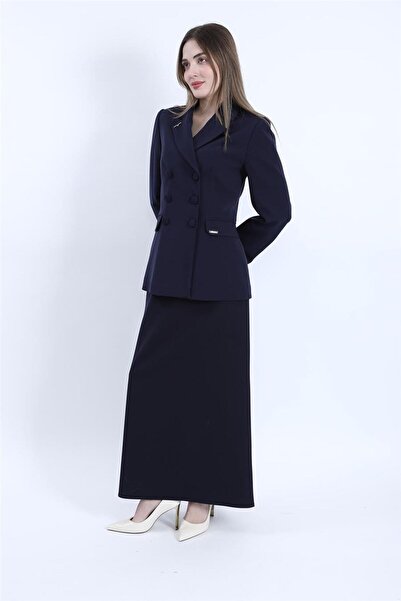 ÖNDER ÖZSOY Buttoned Classic Blazer Jacket & Long Bell Bottom Skirt with Squa...