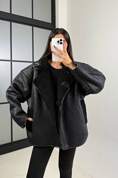 gm giyimarket Women's Suede Leather Oversized Coat Jacket with Plush Inside