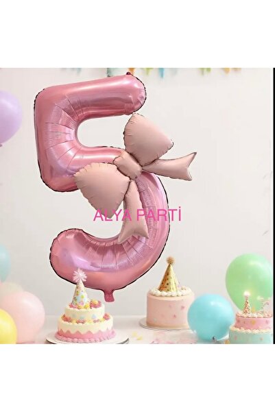 ALYA PARTİ 5 Yaş Pembe Rakam Folyo Ve Kurdele Folyo Balonlu 2’li Dev Set