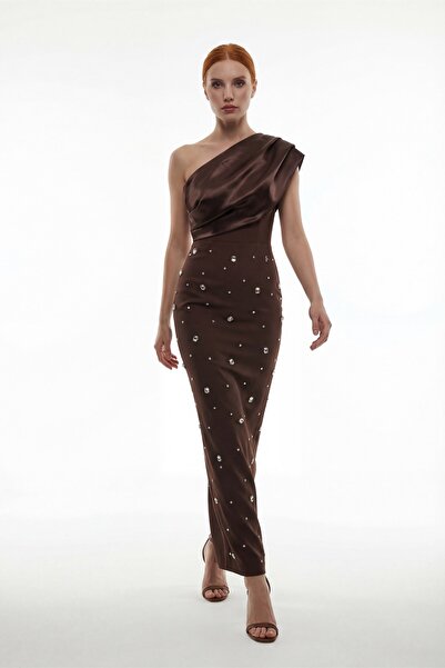 Lafaba Women's Brown Slim Fit One-Shoulder Stone Embellished Promise Engageme...