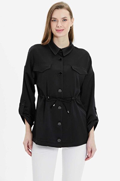 Selen Beli Büzgülü Kapak Cep Kolu Kıvırmalı Ceket / SİYAH