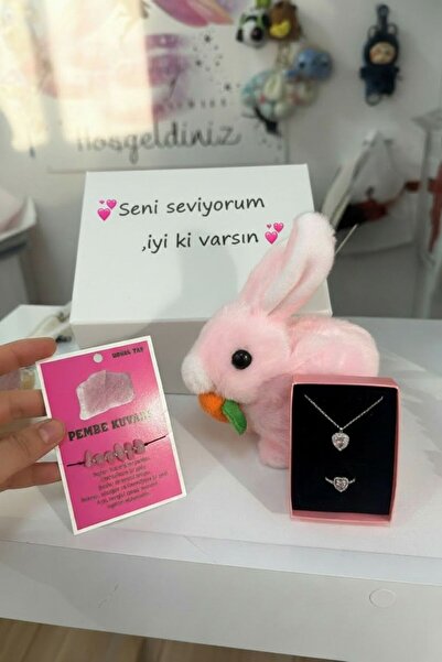 perry accessories yürüyen tavşanlı,kararmaz çelik pembe kalp kolyeli ve yüzük...