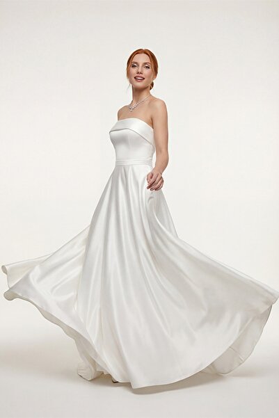 Lafaba Women's White Slim Fit Strapless Satin Flared Evening Dress